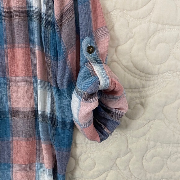 Northern Reflections Plaid Shirt in Blue and Pink with Roll Tab Sleeves - Picture 6 of 9